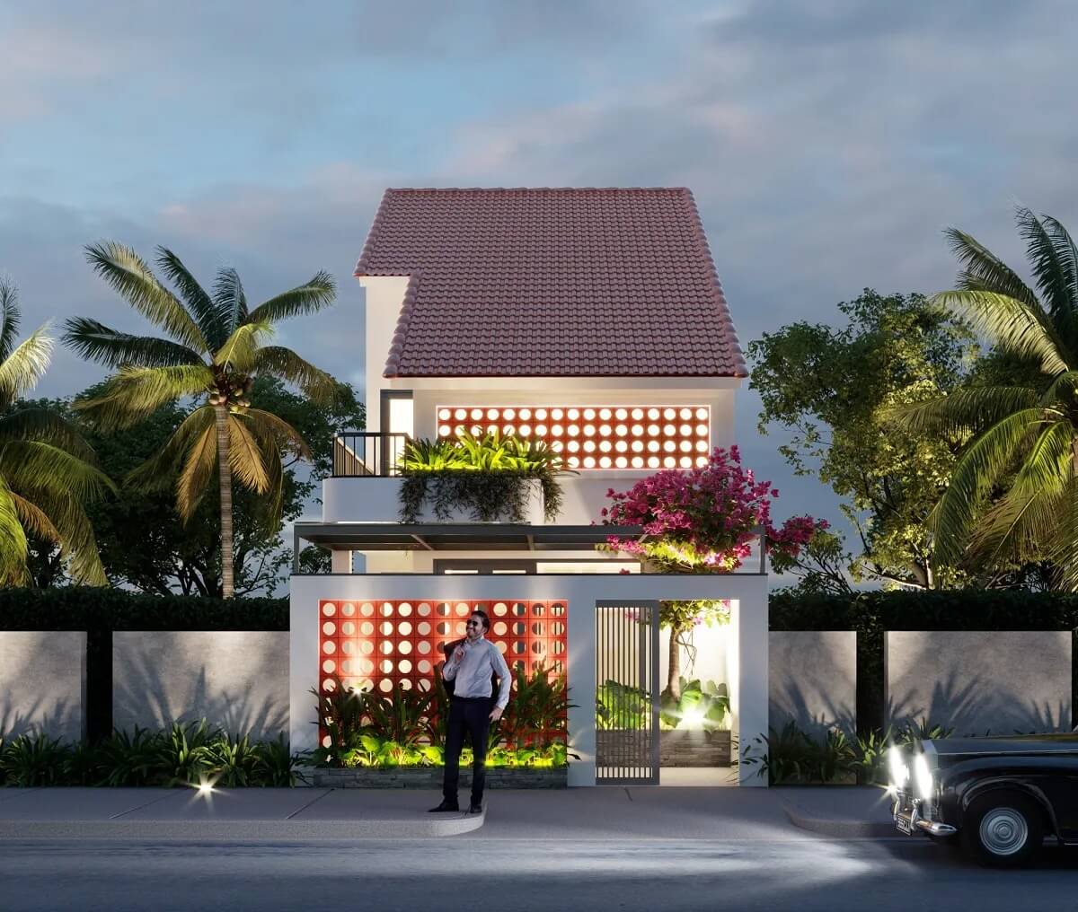 Nhà hiện đại với mái ngói đỏ, cây xanh trang trí và người đứng trước, xung quanh là cây cọ và xe ô tô.