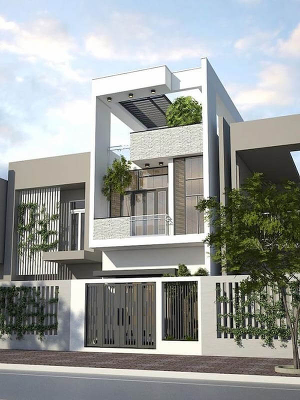 Nhà phố hiện đại, hai tầng, thiết kế mở với cây xanh và ban công kính.