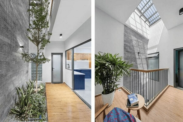 Thiết kế nhà hiện đại với cây xanh trong nhà, giếng trời, và sàn gỗ, tối ưu hóa ánh sáng tự nhiên.