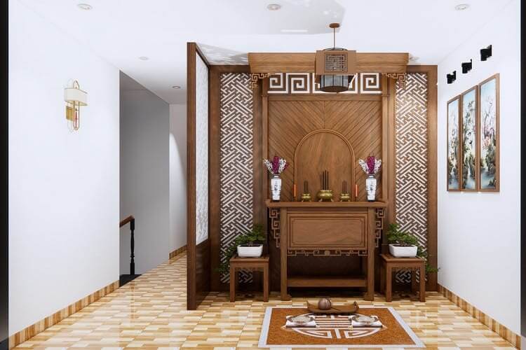 Phòng thờ gỗ trang trí truyền thống với bình hoa và tranh, ánh sáng tự nhiên, mang không gian trang nghiêm và thanh tịnh.