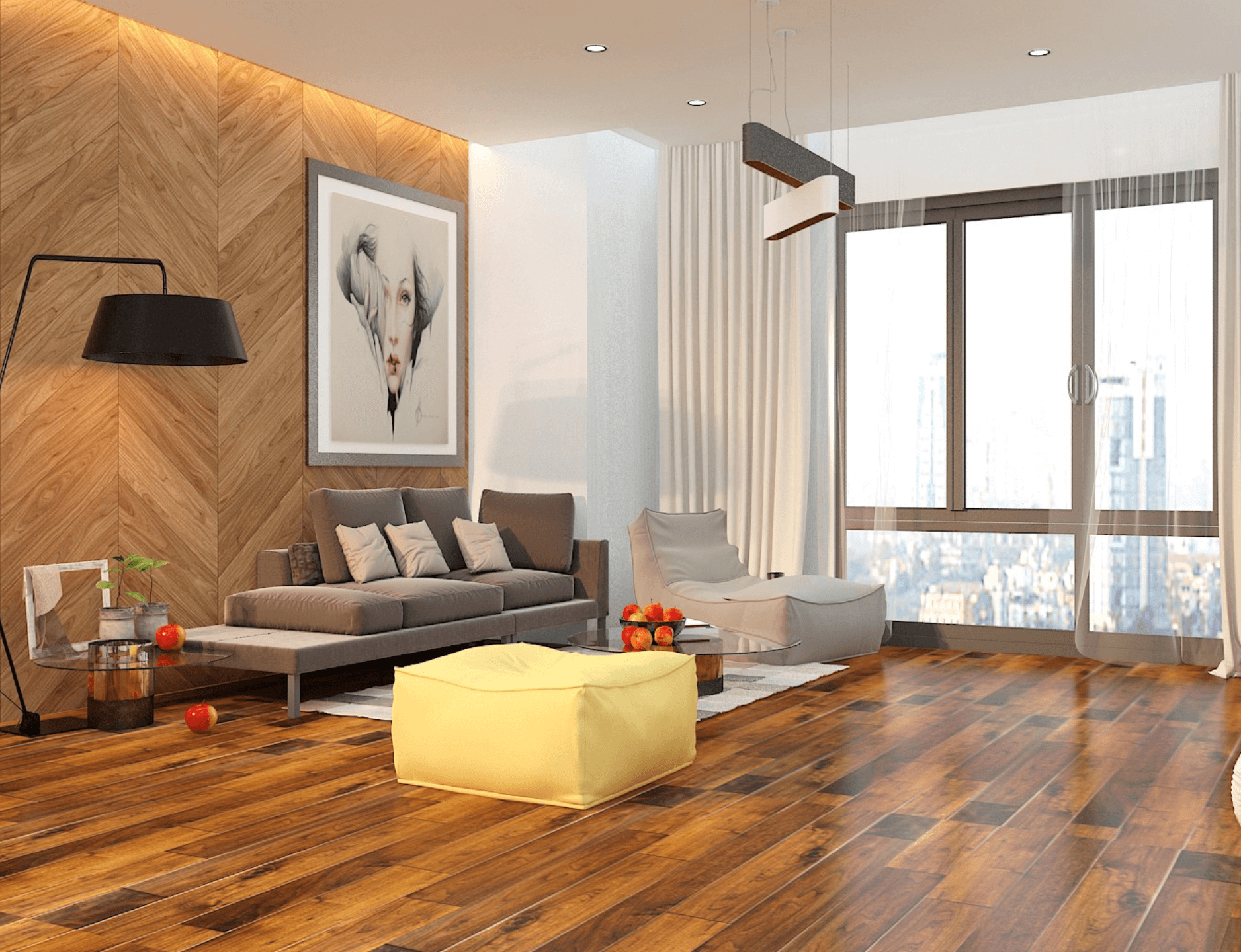 Phòng khách hiện đại với sàn gỗ, ghế sofa xám, tranh treo tường, và cửa sổ lớn nhìn ra cảnh thành phố.