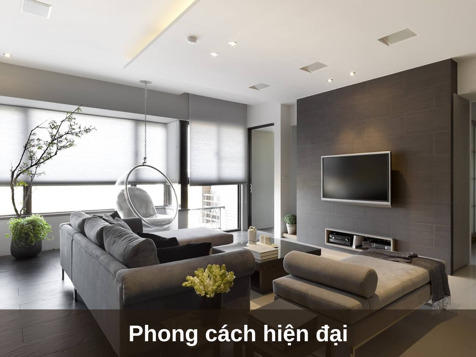 Phòng khách hiện đại với sofa xám, tivi treo tường và ghế treo, trang trí cây xanh.