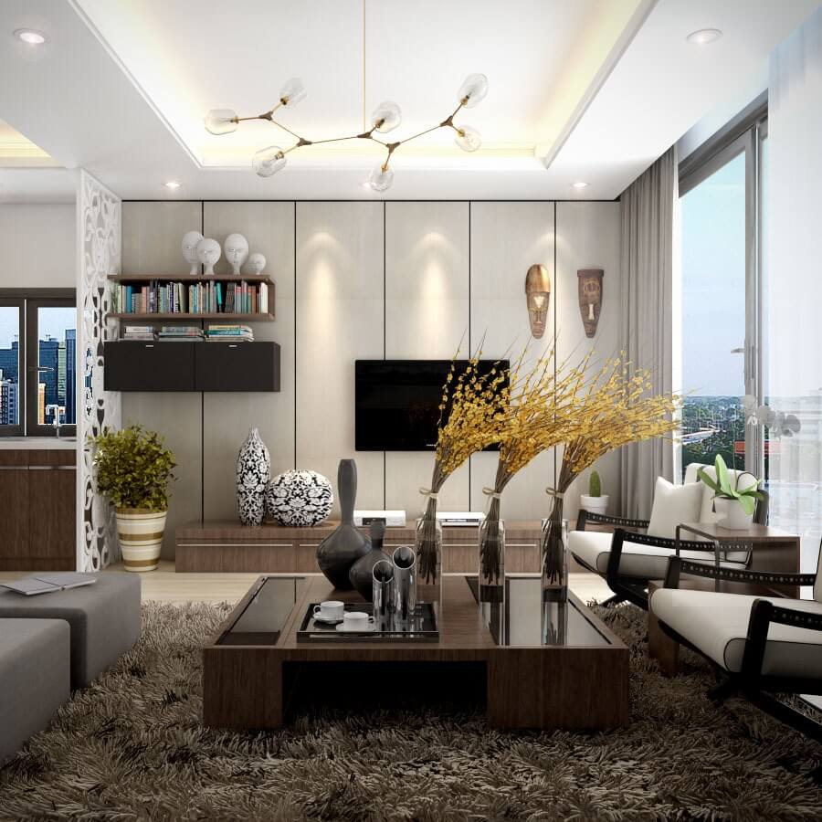 Phòng khách hiện đại với nội thất gỗ, thảm lông, và đèn trang trí độc đáo, cửa sổ lớn nhìn ra thành phố.