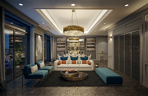 Phòng khách sang trọng với đèn chùm, ghế sofa trắng và trang trí nội thất hiện đại.