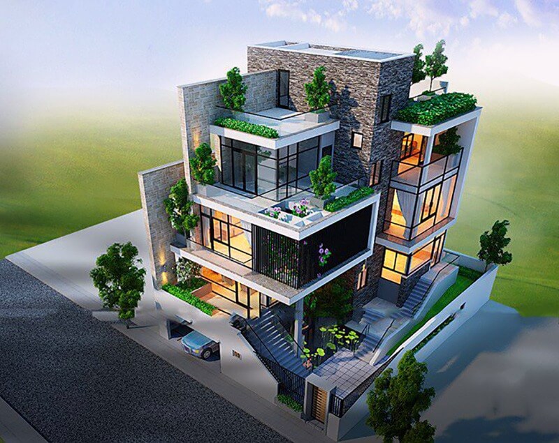 Biệt thự hiện đại với thiết kế đa tầng và khu vườn xanh mát trên sân thượng.