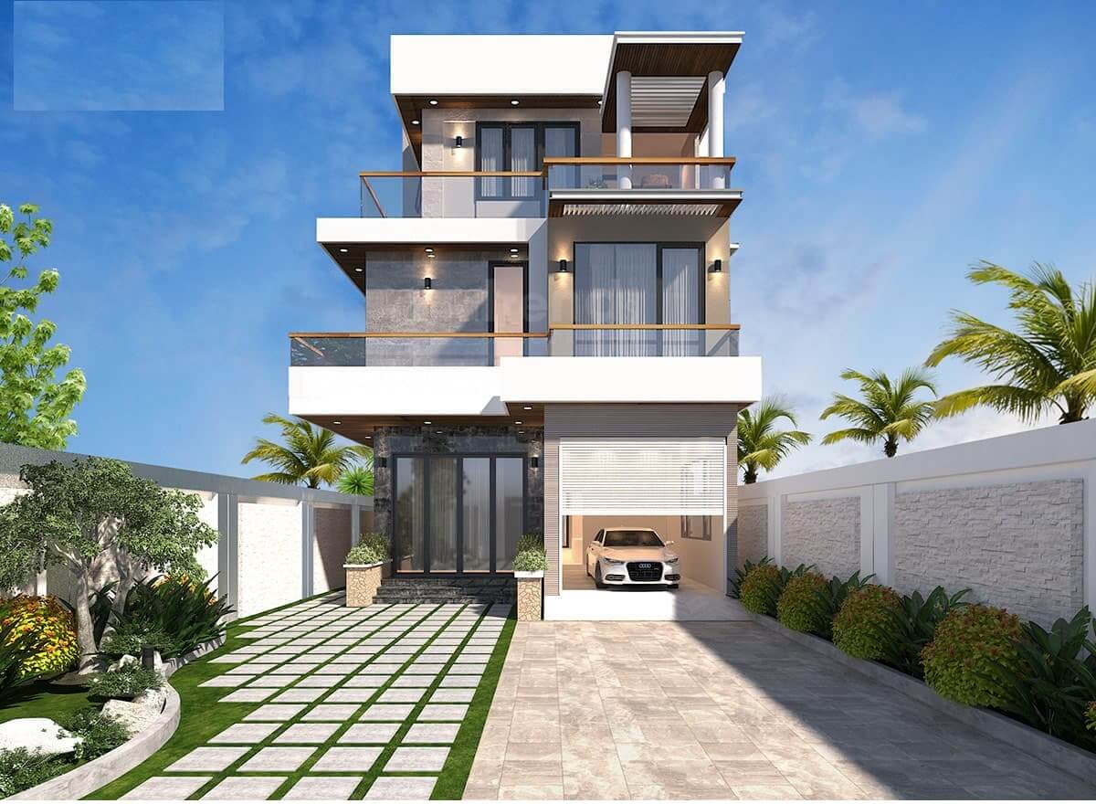 Nhà hiện đại ba tầng với sân vườn xanh và ô tô đỗ trong gara, bầu trời xanh trong nền.