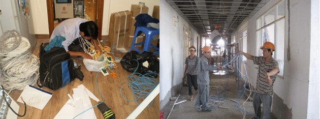 Người thợ lắp đặt cáp mạng trong nhà và công trình xây dựng.