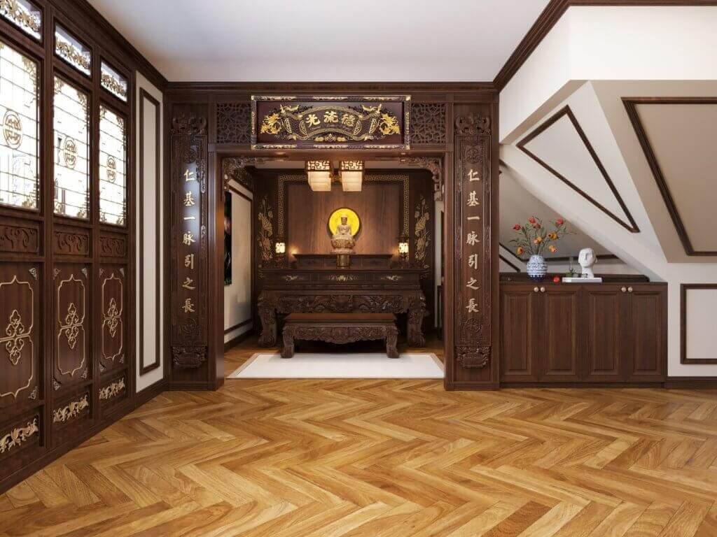 Phòng thờ gỗ truyền thống với bàn thờ, tượng Phật và trang trí tinh tế, tạo không gian thiêng liêng và ấm cúng.