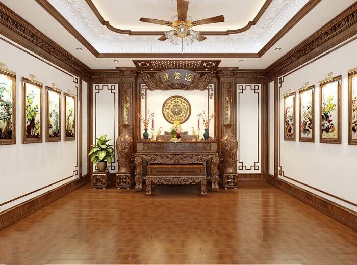 Phòng thờ truyền thống Việt Nam với bàn thờ và tranh treo tường, thiết kế gỗ tinh xảo.