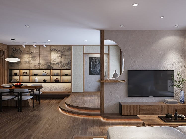 Phòng khách hiện đại với phong cách Nhật Bản, nội thất gỗ, tranh tường, và tivi ốp tường.