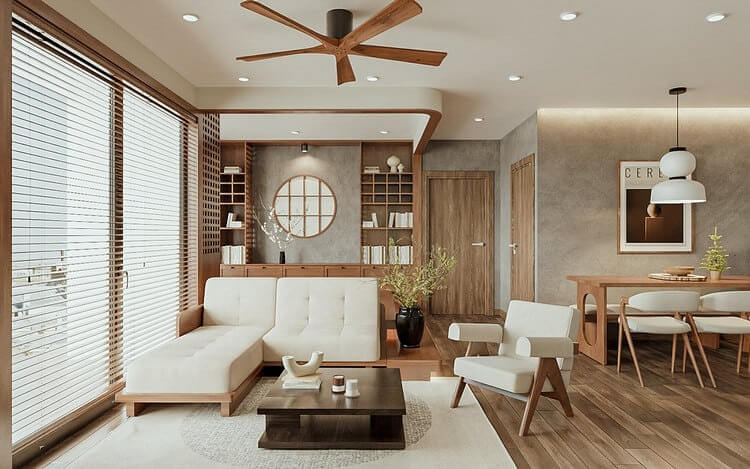Phòng khách hiện đại với nội thất gỗ, ghế sofa trắng, bàn trà thấp và đèn trần trang trí.