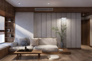 Phòng khách hiện đại với sofa trắng, bàn gỗ, ánh sáng tự nhiên và trang trí cây xanh.