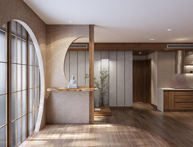 Phòng khách hiện đại với nội thất gỗ, tượng Phật, và đèn trang trí. Không gian thư giãn, phong cách Nhật Bản.