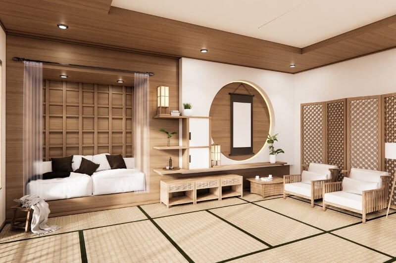 Phòng khách phong cách Nhật Bản với nội thất gỗ và chiếu tatami truyền thống, tạo cảm giác ấm cúng và thanh lịch.