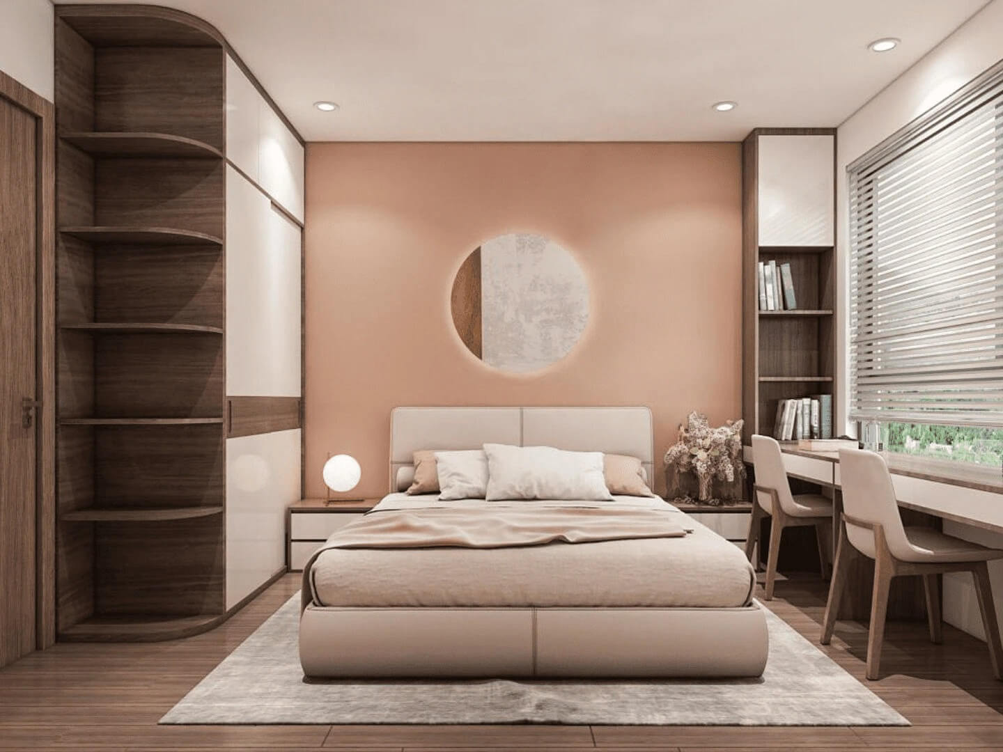 Phòng ngủ hiện đại với giường đôi, bàn làm việc và giá sách, trang trí tông màu nâu và cam nhạt, thiết kế tối giản.