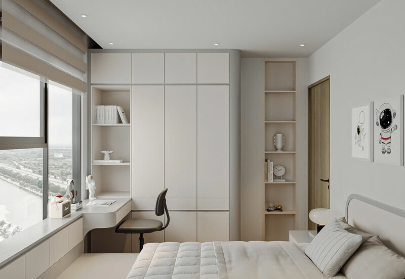 Phòng ngủ hiện đại với bàn làm việc cạnh cửa sổ, giường trắng và tủ quần áo tiện nghi.