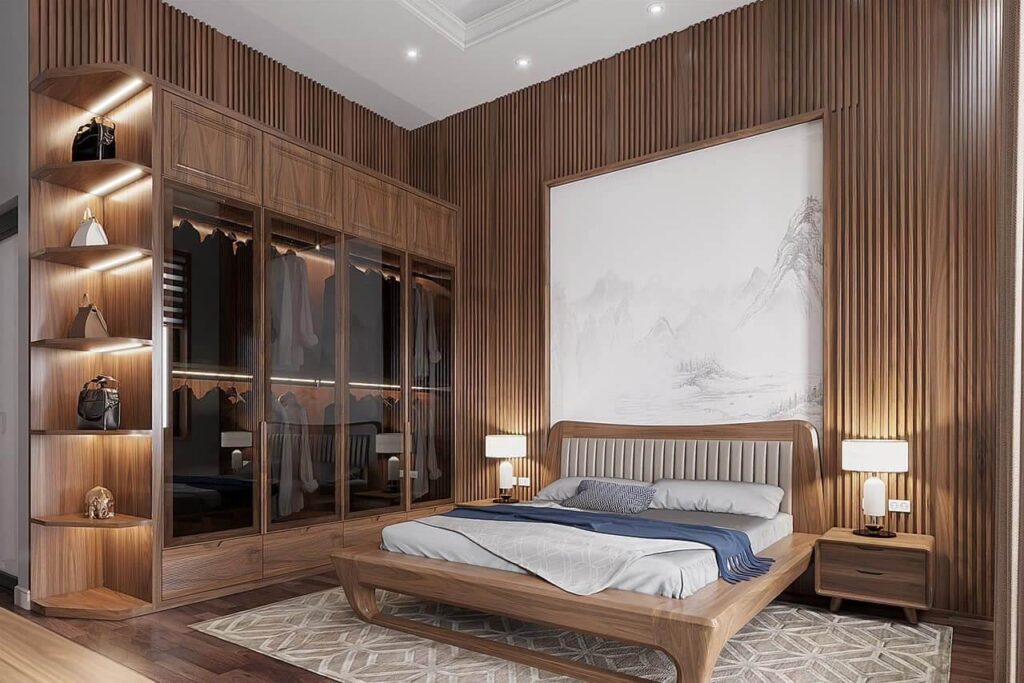 Phòng ngủ hiện đại với nội thất gỗ, giường gỗ cao cấp, tủ quần áo và ánh sáng ấm áp.