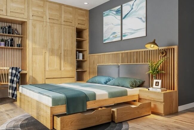 Phòng ngủ hiện đại với giường gỗ, tủ quần áo và trang trí tường nghệ thuật phong cách tối giản.