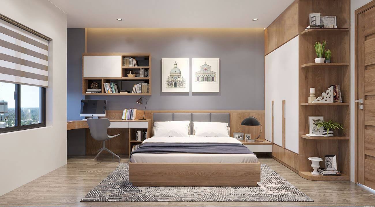 Phòng ngủ hiện đại với giường gỗ, bàn làm việc và kệ sách, trang trí cây xanh và tranh treo tường.