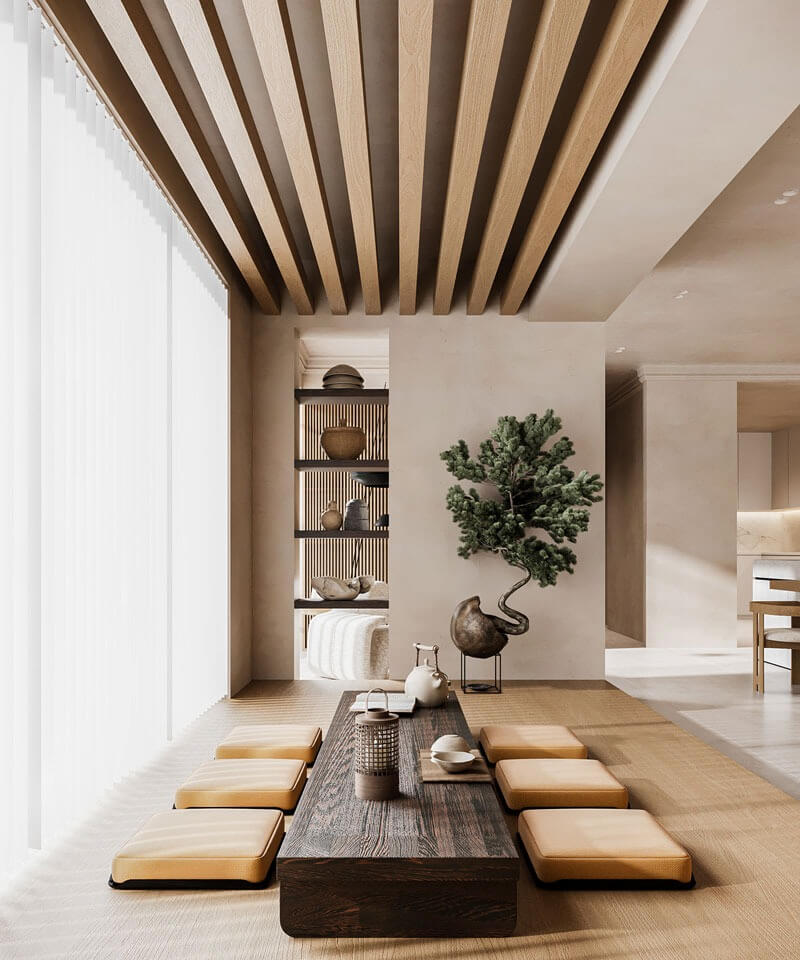 Phòng ăn phong cách Nhật Bản với bàn gỗ, nệm ngồi và trang trí cây cảnh tạo không gian ấm cúng, tinh tế.