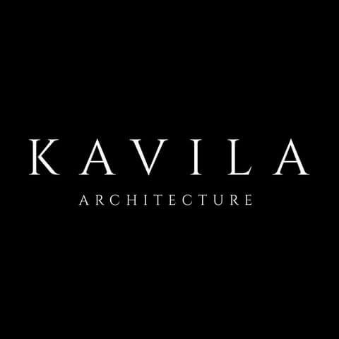 Logo công ty kiến trúc Kavila trên nền đen.