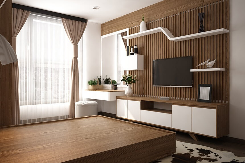 Phòng khách hiện đại với thiết kế gỗ tối giản, ánh sáng tự nhiên qua cửa sổ lớn và trang trí đẹp mắt.