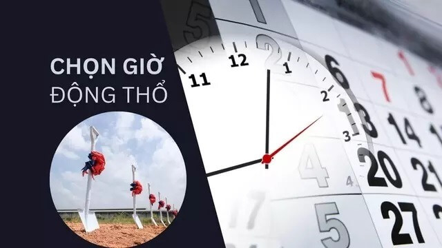 Đồng hồ và lịch chọn giờ động thổ, hình ảnh công trình xây dựng với cờ đỏ biển hiệu.