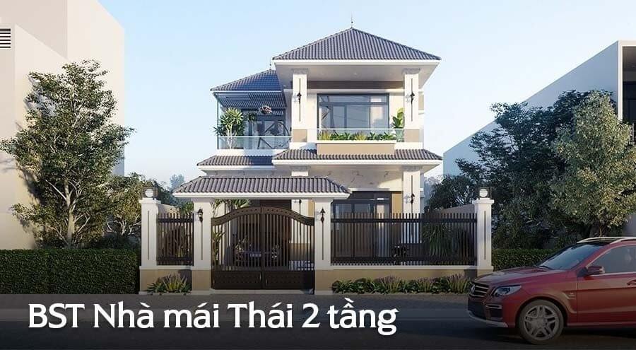 Nhà mái Thái 2 tầng hiện đại, có sân vườn và ô tô đậu phía trước, thiết kế kiến trúc ấn tượng và sang trọng.