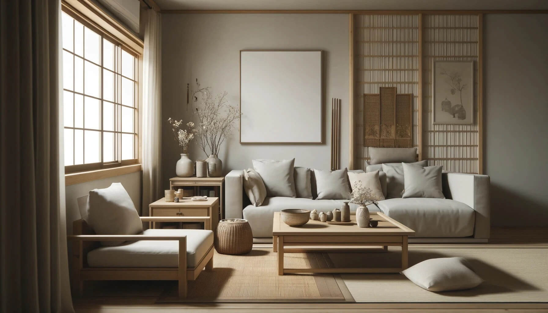 Phòng khách phong cách Nhật, nội thất tối giản và tinh tế với ánh sáng tự nhiên qua cửa sổ lớn.