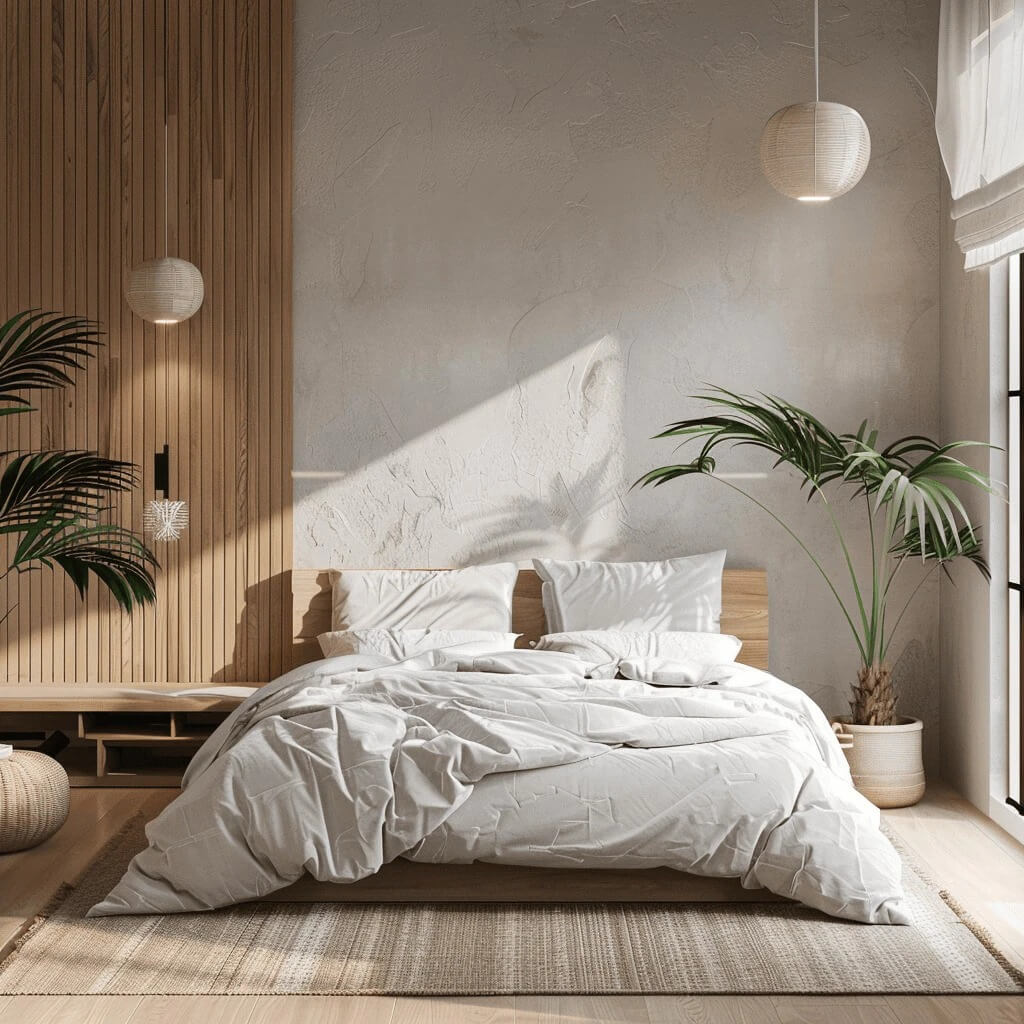 Phòng ngủ hiện đại với giường gỗ, cây xanh và đèn treo, ánh sáng tự nhiên chiếu rọi qua cửa sổ.