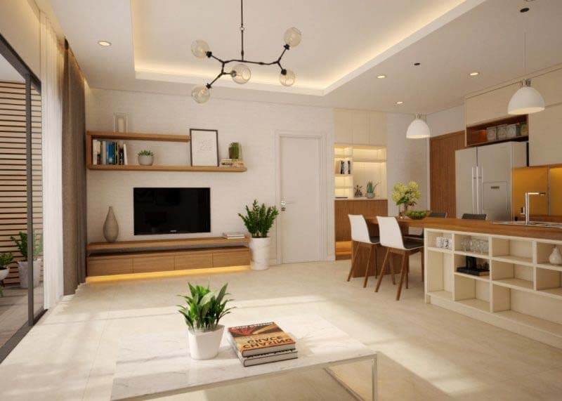 Phòng khách hiện đại với nội thất gỗ, đèn chùm, bàn ghế ăn, cây cảnh và bếp mở tiện nghi.