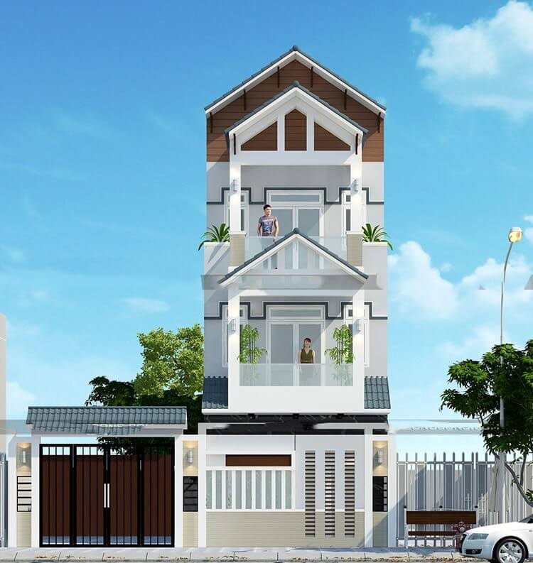 Nhà phố hiện đại 3 tầng với thiết kế mái chụp, ban công rộng, tông màu trắng xanh.