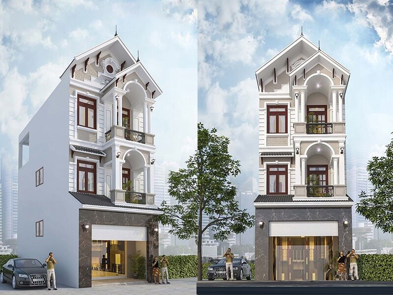 Mẫu thiết kế nhà 3 tầng hiện đại với cửa sổ lớn, ban công thoáng, cây xanh phía trước.
