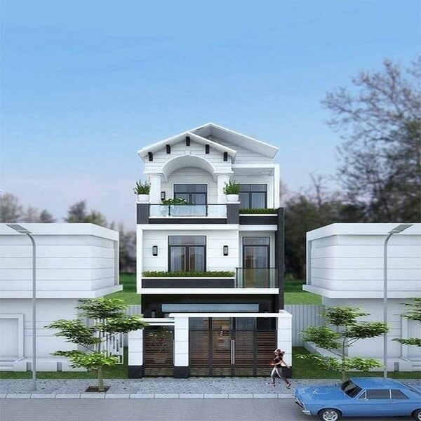 Nhà phố 3 tầng hiện đại, gam màu trắng, cửa kính lớn, ban công xanh, ô tô xanh đỗ trước, cây xanh xung quanh.