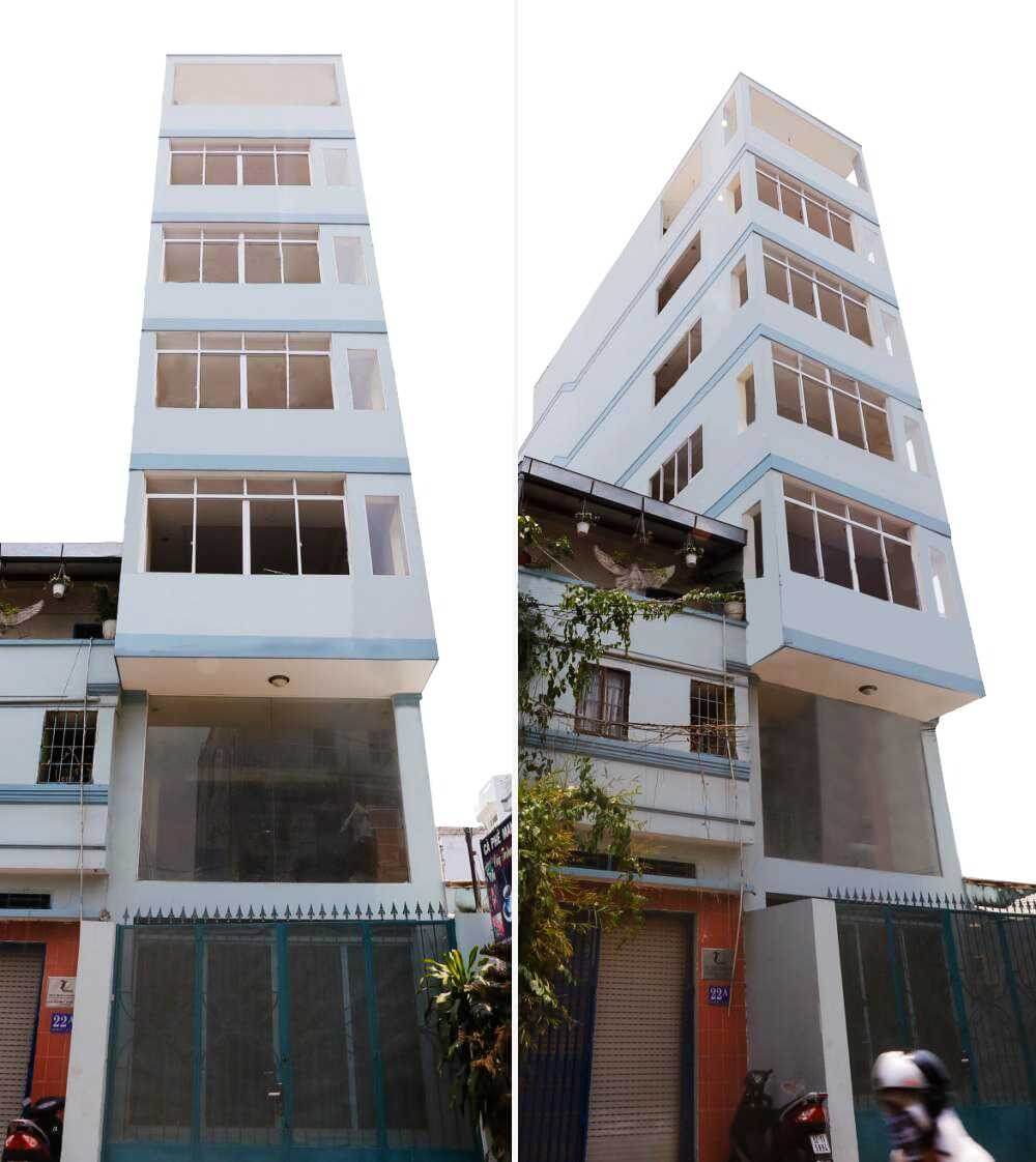 Tòa nhà cao tầng màu xanh dương với thiết kế hiện đại, góc nhìn khác nhau, trời trong sáng.