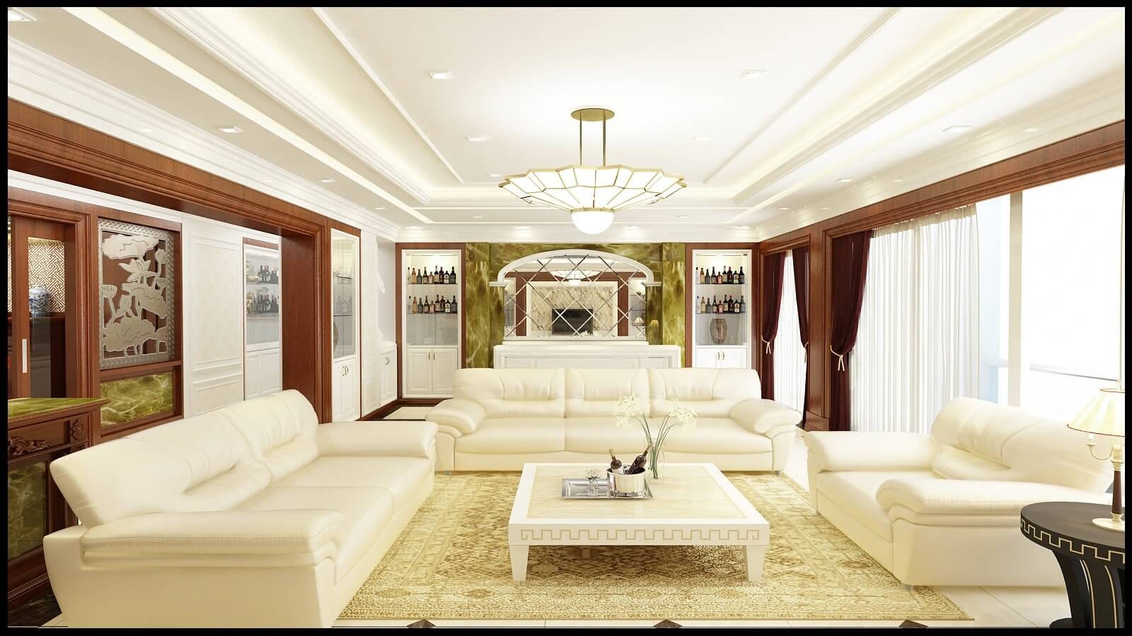 Phòng khách sang trọng với sofa trắng, đèn trần hiện đại và kệ rượu, tông màu nâu và vàng chủ đạo.