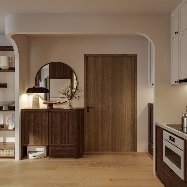 Nội thất phòng bếp hiện đại với tủ gỗ tối màu, đèn tròn và cửa ra vào tinh tế, tạo không gian ấm cúng và tiện nghi.