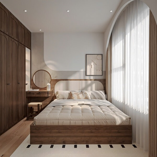 Phòng ngủ hiện đại với giường gỗ, ánh sáng tự nhiên từ rèm cửa, nội thất gỗ sang trọng.