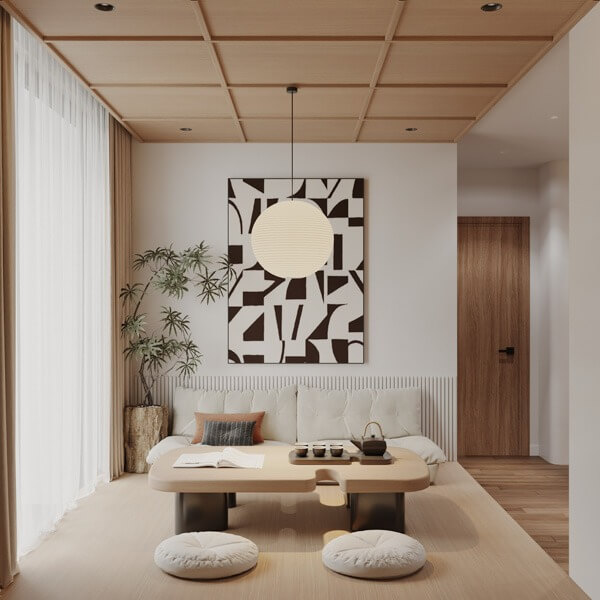 Phòng khách hiện đại với bàn trà, tranh treo tường và cây xanh, ánh sáng tự nhiên chiếu qua rèm cửa.