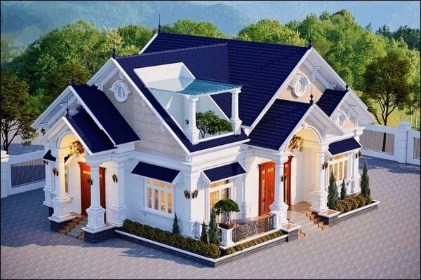 Nhà vườn một tầng với mái ngói xanh, tọa lạc trong khu vườn cây xanh mát, kiến trúc tân cổ điển.