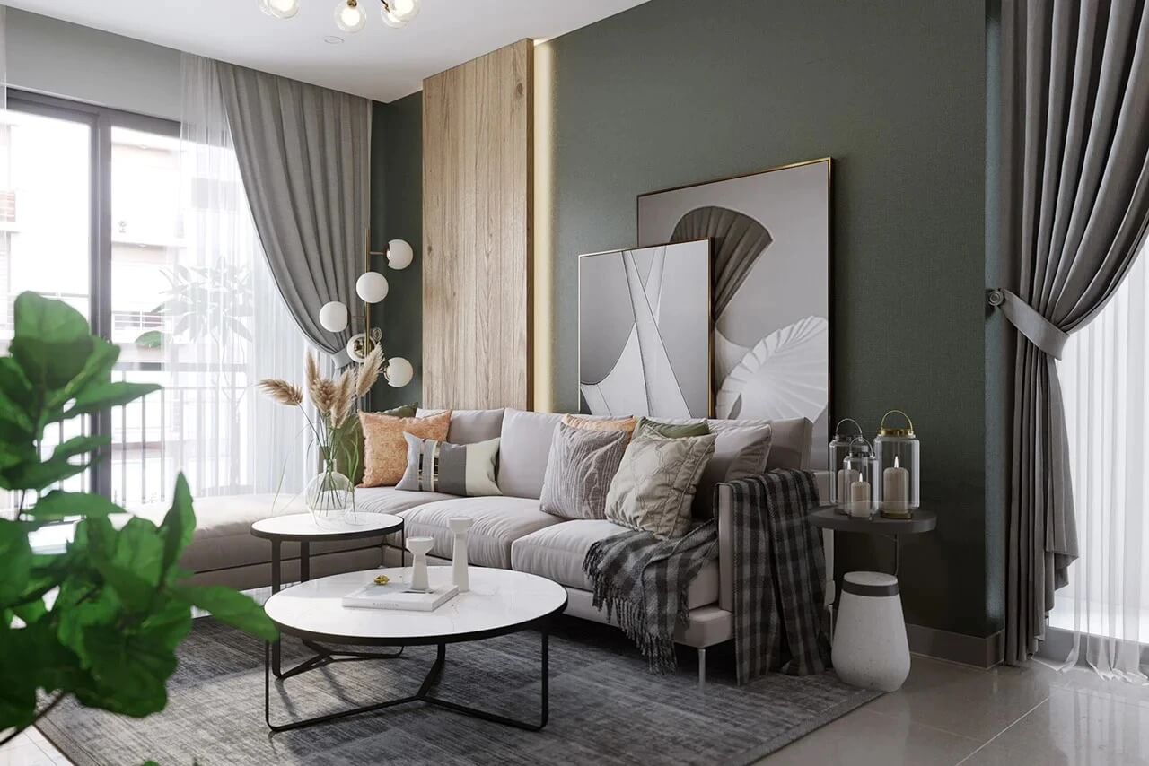 Phòng khách hiện đại với sofa màu be, bàn trà tròn, và tranh treo trên tường, ánh sáng tự nhiên từ cửa kính.