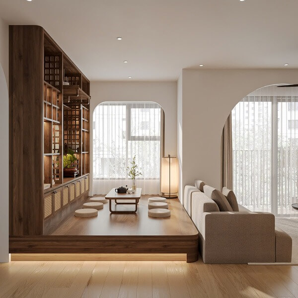 Phòng khách kiểu Nhật hiện đại với bàn trà thấp và đệm ngồi, nội thất gỗ, ánh sáng tự nhiên.