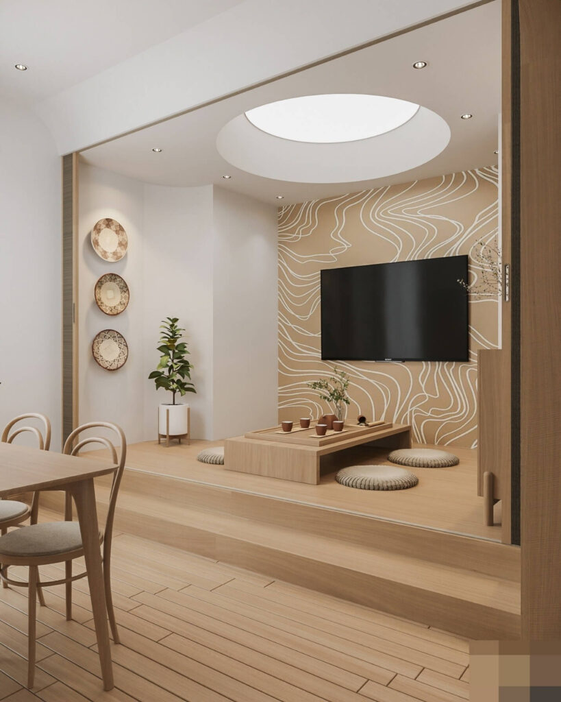 Phòng khách tối giản phong cách Nhật Bản, bàn trà thấp, tường vân trang trí, ánh sáng tự nhiên qua trần kính.