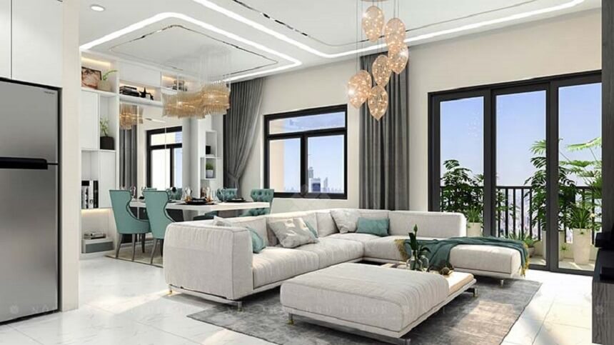 Phòng khách hiện đại với sofa trắng, đèn chùm sang trọng, cửa sổ lớn và bàn ăn xanh, không gian thoải mái.