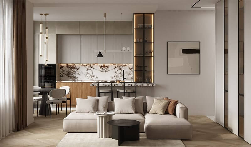 Phòng khách hiện đại với sofa trắng, bàn đen, và bếp mở tông màu trung tính, trang trí đá cẩm thạch sang trọng.