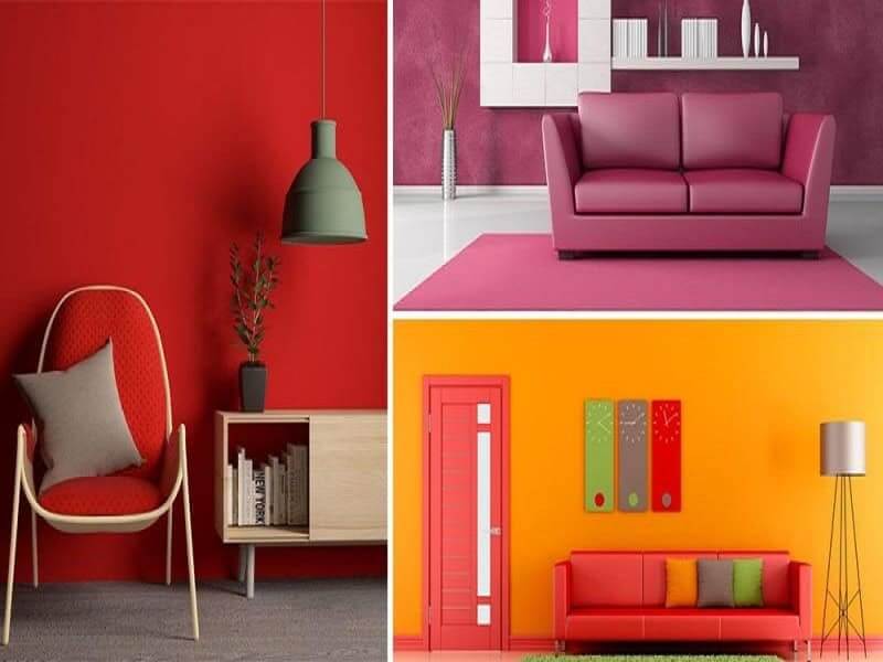 Nội thất hiện đại với ghế, ghế sofa và kệ sách trong ba không gian đầy màu sắc đỏ, hồng và cam.