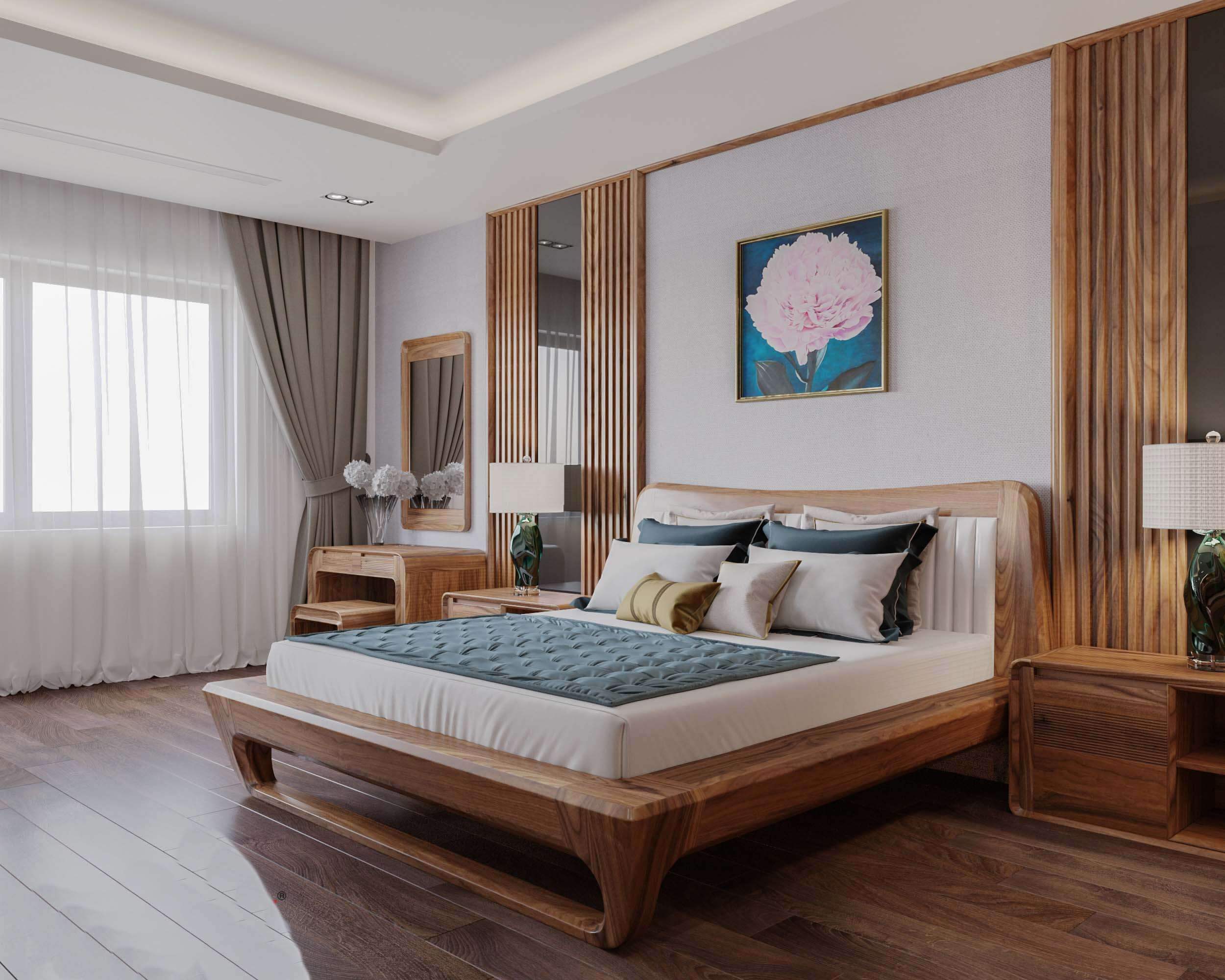 Phòng ngủ hiện đại với giường gỗ, tranh treo tường hoa, ánh sáng tự nhiên qua cửa sổ, nội thất tinh tế.