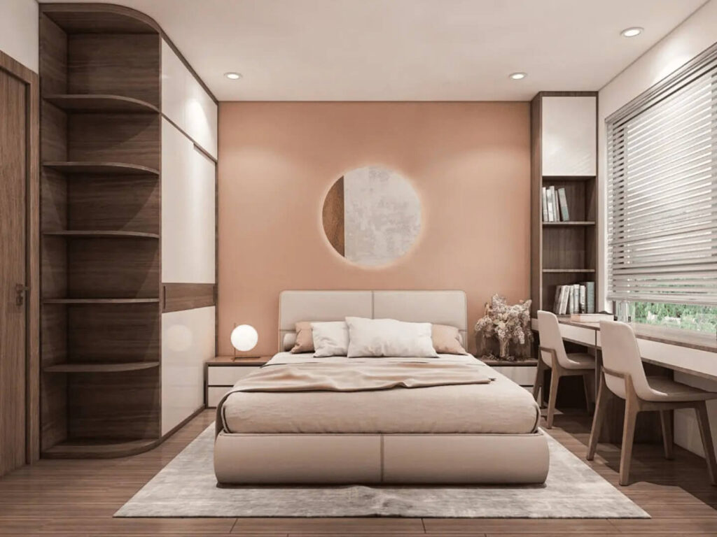 Phòng ngủ hiện đại với nội thất gỗ, giường đôi, bàn làm việc đôi và ánh sáng dịu.