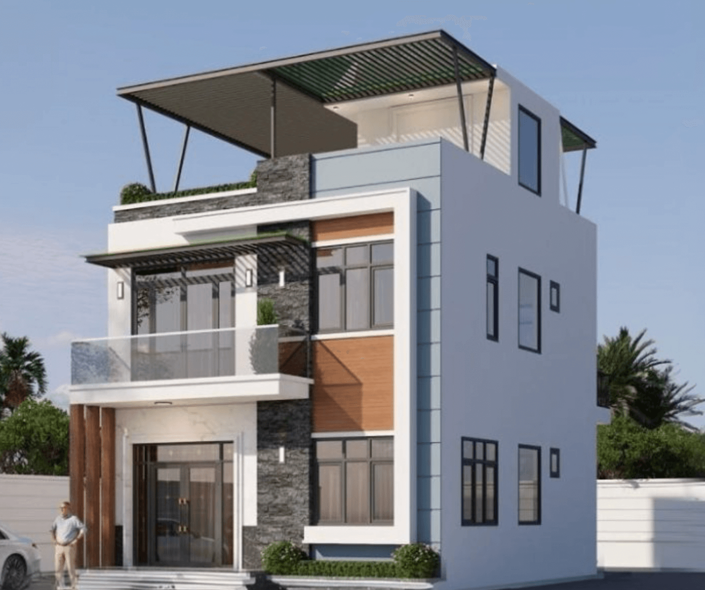 Nhà phố hiện đại với hai tầng và sân thượng, kiến trúc sang trọng, màu sắc tối giản.