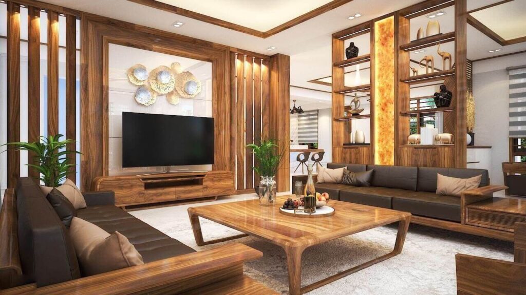 Phòng khách sang trọng với nội thất gỗ, bàn trà, sofa da, và trang trí tinh tế.
